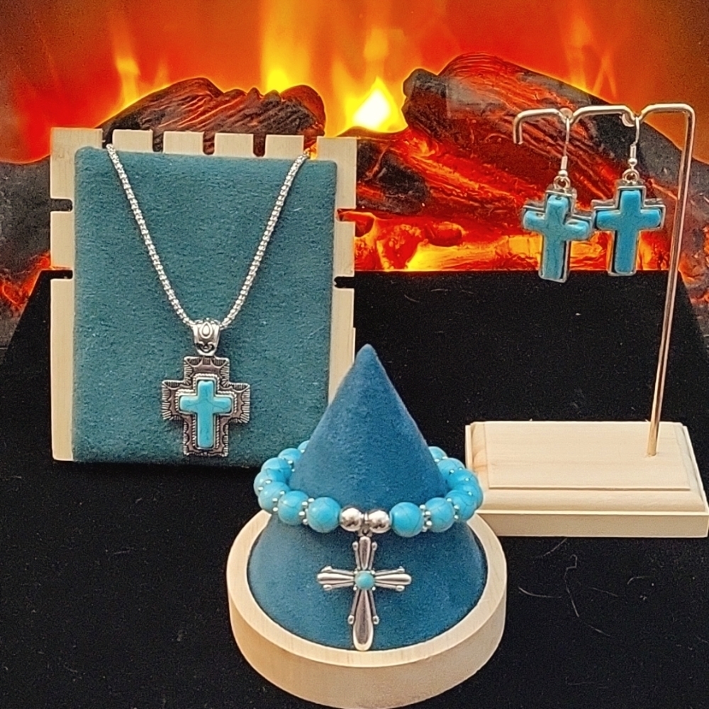 3 Piece Set Turquoise 🕊️  Calming Cross ✝️ Bracelet Necklace Earrings NWT ♐ 🎁